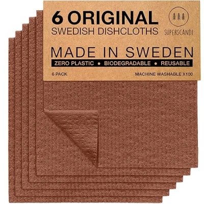 Imagen de SUPERSCANDI Bayeta Sueca Super Absorbente, Reutilizable Y Ecologica Paños De Cocina Biodegradables Celulosa Algodón Trapo Cocina, Limpieza Pack x6 Marrón