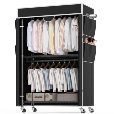 Imagen de Himimi Perchero de 3 Niveles con Cubierta Robusto Ruedas y Altura Ajustable, Barra Ropa Metal Estable 2 Barras para Colgar 4 Bolsillos Laterales, 90 * 45 205cm, Negro