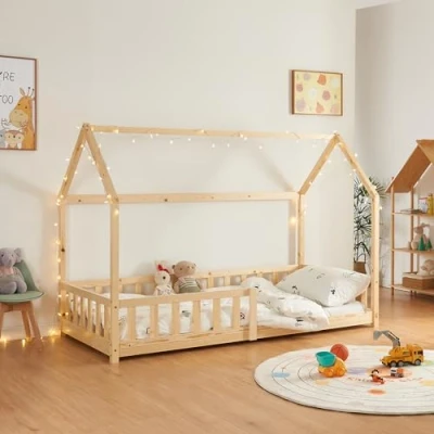 Imagen de [en.casa] Cama para Niños Hesel Decorativa Infantil Individual con Somier y Barandilla Estructura en Forma de Casa Estilo Montessori Madera Pino 90 x 200 cm Efecto