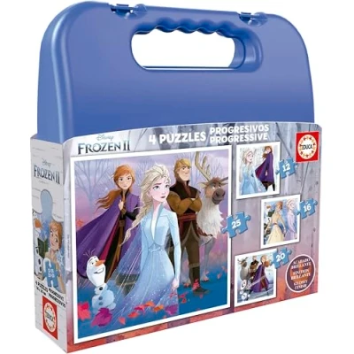 Imagen de Educa Maleta Frozen II. Set de 4 Puzzles Infantiles progresivos 12 A 25 Piezas. Medida una Vez montado: 16 x cm. Compuesto por Grandes Piezas Partir 3 años (18114)