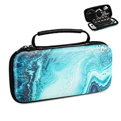 Imagen de TiMOVO Funda Compatible con Nintendo Switch/Switch OLED Modelo 2021, Estuche de PU Transporte 10 Cartuchos Juegos para Consola, Adaptador CA, Cable HDMI, Joycon y Correa, Textura Dorada