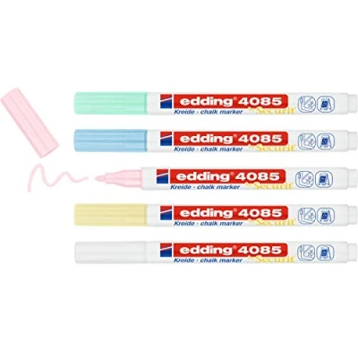 Imagen de edding 4085 marcador de tiza amarillo, verde, rosa, azul, blanco (pastel) 5 rotuladores punta redonda,1 2mm para cristal borrables líquida cobertura opaca