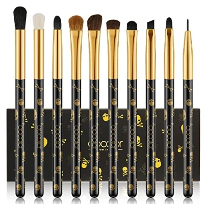 Imagen de Docolor Brochas de Maquillaje Ojos Profesional 10Pcs Juego Pinceles para Difuminar Cejas con Estampado Calaveras Sombra Gótico