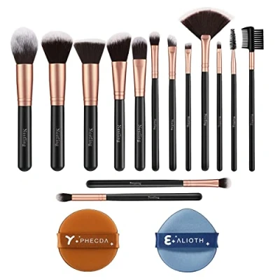 Imagen de Nestling Set de Brochas Maquillaje Profesional 14 Piezas con 2 Soplos Polvo, Pinceles Cabello Sintético Libre Crueldad Para Colorete Fundación Corrector Polvos Sueltos