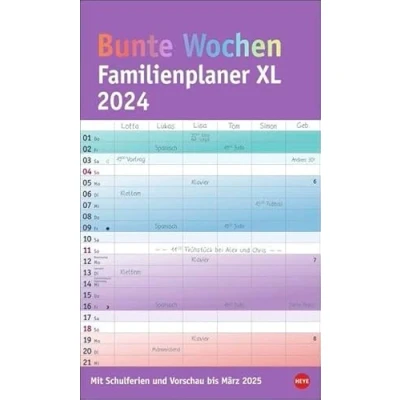 Imagen de Agenda familiar de 6 columnas con diseño semanas, tamaño XL 2024. Práctico calendario pared vacaciones escolares. extra ancha.