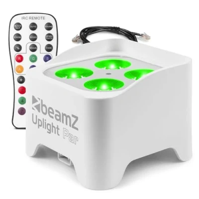 Imagen de BeamZ BBP90W Foco Par led Uplight con 4 leds de 4W RGB UV batería incluida, 3 horas carga y hasta 20 funcionamiento, control por DMX o mando a distancia incluido, color blanco