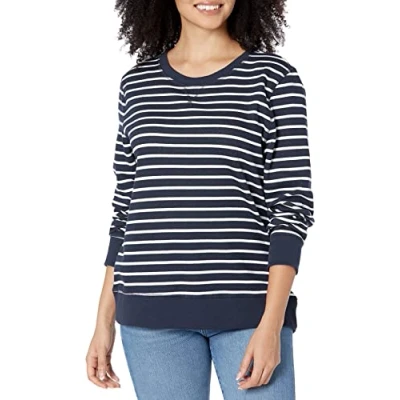 Imagen de Amazon Essentials Sudadera de Cuellocaja Forro Polar y Tejido Rizo Francés (Disponible en Tallas Grandes) Mujer, Azul Marino Blanco Rayas, L