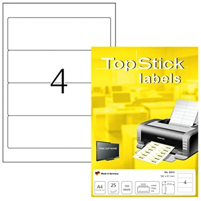 Imagen de TopStick 8413 Etiquetas para archivadores de palanca A4, paquete 32 (192 x 61 mm, 800 hojas, papel, mate) autoadhesivas, imprimible, pegatinas carpetas permanentes, 3200 adhesivos blancas