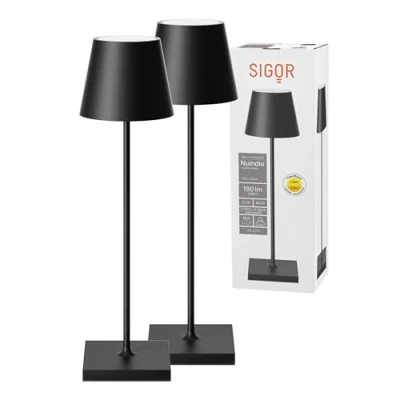 Imagen de SIGOR Nuindie Juego de 2 lámparas LED mesa regulables para interior y exterior, IP54, resistente a salpicaduras, altura 38 cm, recargable con USB C, 12 horas duración, color negro
