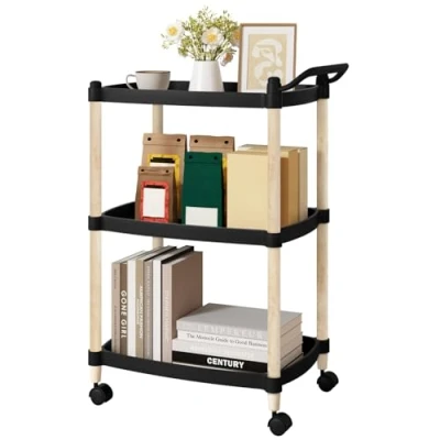Imagen de WOLTU Carro de Cocina, Carrito Auxiliar Almacenaje, Estanteria con Ruedas y Asa, Estrecho 3 Niveles, Estanterias PP Extraíbles, Salon Baño, Color Negro + Madera