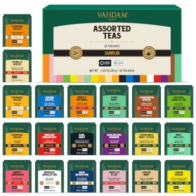 Imagen de VAHDAM, Set De Degustación Variedades Té (20 sabores, 40 piezas) negro, verde, hierbas, Tés chai y más Regalos Para El San Valentín 2025 Mujeres Hombres
