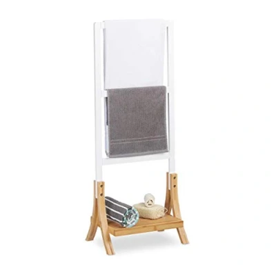 Imagen de Relaxdays Toallero de Pie con 3 Barras y Repisa, DM Bambú, Blanco Marrón, 104 x 41 28,5 cm