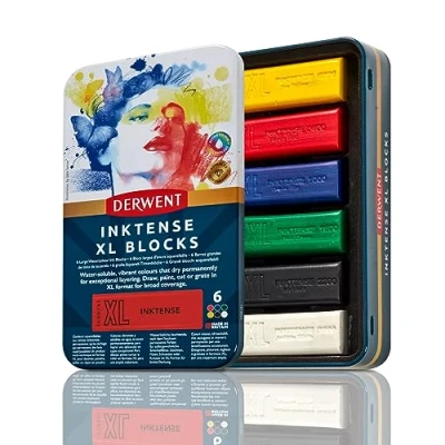 Imagen de Derwent 2306161 Caja Metálica con 6 Barras de Colores XL Extra Largas Inktense 60 mm, Solubles en Agua, Ideales para Bocetos, Dibujo y Bellas Artes, Calidad Profesional