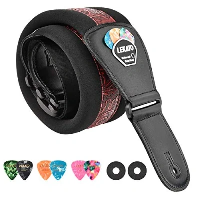 Imagen de LEKATO Correa de guitarra acolchada con extremos cuero genuino Correas hombro cómodas 3 pulgadas ancho Longitud ajustable 45 &quot;a 55&quot; para guitarras eléctricas bajas 6 púas
