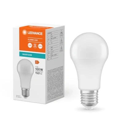 Imagen de LEDVANCE Classic A100. Bombilla led standard mate 220 240V 13W 4000K E27. 1.521 Lumen. Equivalente a 100W. 15.000 Horas. 118 X 60mm. Luz cálida.