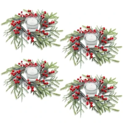 Imagen de KAHEIGN 8 Piezas Anillos de Velas Navideñas, 21CM Corona Frutos Rojos Artificiales Candelabro con Agujas Pino Norfolk Nevado para Pilares Rústico Bodas Navideña Fiestas Puerta Mesa Decoración