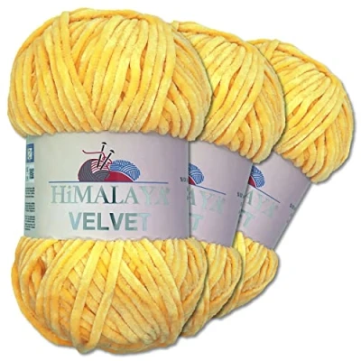 Imagen de Wohnkult Himalaya 3 x 100 g Velvet Dolphin tejido de lana, 40 colores para elegir, hilo tejer chenilla, lana esponjosa, brillo, accesorio, ropa, mantas (90013, amarillo)
