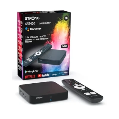 Imagen de STRONG Streaming Box Android TV + TDT 4K UHD SRT420 Chromecast Built in Compatible con la Asistencia Vocal Google Dolby® Digital &amp; Plus Fácil de Instalar Negro