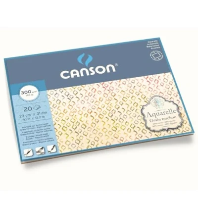 Imagen de Canson Aquarelle Bloc Encolado a 4 Lados, 23 x 31 cm, 20 Hojas, 60% Algodón, Grano Grueso, 300 g