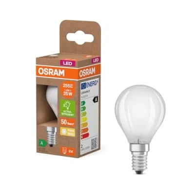 Imagen de OSRAM en forma clásica de mini bola, con filamento LED decorativo diseño esmerilado, A, E14, 1,2 W, 255 lm, 2700 K, blanco cálido. Sin calentar, 100% luz inmediatamente.