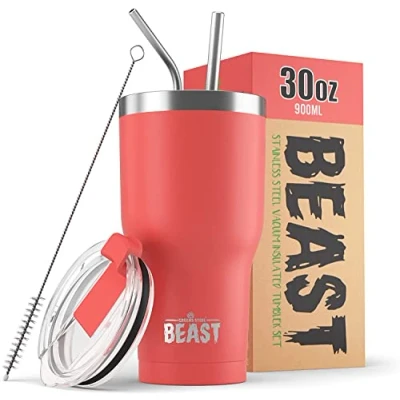Imagen de Greens Steel BEAST Termo Café para Llevar 900ml I Coral Taza Térmica de Acero Inoxidable Reusable Viajera Doble Pared al Vacío 2 Pajitas y Cepillo Limpieza