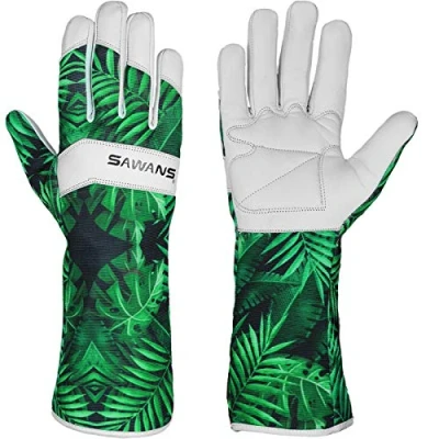 Imagen de Guantes de jardinería cuero para mujeres, hombres y protección corta larga del antebrazo, a prueba espinas, transpirable, piel cabra elastano, (L, largos)
