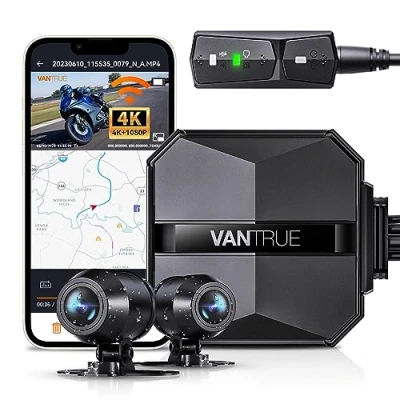 Imagen de VANTRUE F1 4K + 1080P Dashcam Cámara de Motocicleta, 5GHz WiFi GPS Dash CAM Delantera y Trasera, IP67, 24 h. Detección colisión, kilometraje, WDR HDR aplicación, Máximo 512G