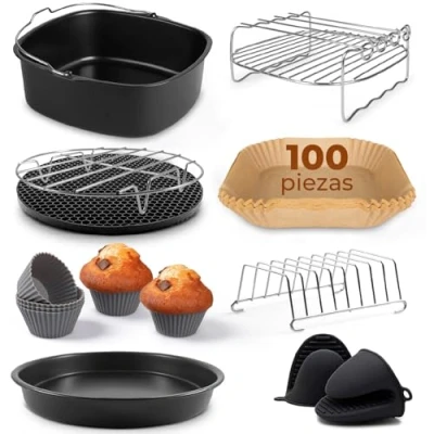 Imagen de Fentic Accesorios Freidora de Aire XL y XXL ⌀ 20cm Air Fryer para Philips XXL, COSORI 5.5L, Cecotec, Tefal Incluye Papel (100 piezas) Juego 10 Piezas