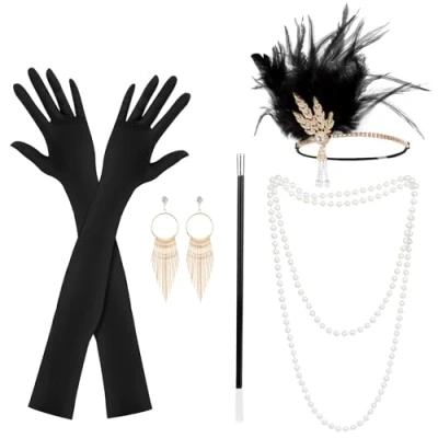 Imagen de 5pcs Accesorios Años 20 Mujer, Disfraz de Los para Great Gatsby Accesorios, Charleston, con Flapper Diadema Guantes Collar Perlas Pendientes, Halloween Carnaval