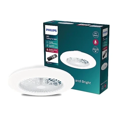 Imagen de Philips Ventilador de Techo Amigo, compacto, motor DC, con Luz led integrada 20W (4400 lúmens), Blanca regulable (3 temperaturas color), control remoto, Blanco Brillante