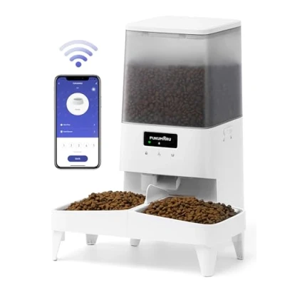 Imagen de FUKUMARU Comedero Gato Automatico WiFi, 5L Dispensador Comida para Gatos/Perros con Cuencos Dobles elevados, Horario de Alimentación programable, Alimentado por batería y Eléctrico Cable,Blanco
