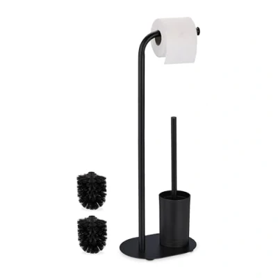 Imagen de Relaxdays Juego Escobillero y Portarrollos WC, Escobilla Baño Soporte Papel Higiénico, 64,5x23x17 cm, Hierro, Negro