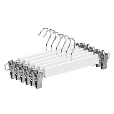 Imagen de COM FORT HOUSE Percha de Madera Maciza Color Blanco con Pinzas Gancho Giratorio Ideal para Faldas Pantalones y Vaqueros Pack 6 Unidades