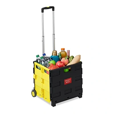 Imagen de Relaxdays Carrito Compra Plegable, Asa Telescópica, 2 Ruedas, Caja Transporte, hasta 35kg, Plástico y Aluminio, Amarillo, Einkaufstrolley klappbar