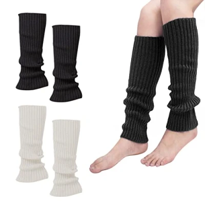 Imagen de 2 pares de calentadores piernas punto invierno, leggings lana otoño e guantes elásticos para en blanco y negro, medias 40 cm, adecuadas invierno.