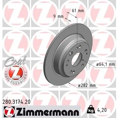 Imagen de ZIMMERMANN COAT Z 280.3174.20 Disco de freno 282 9 10/5 5 114 macizo revestido HONDA: Accord 7 Tourer