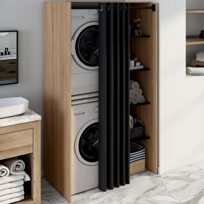Imagen de Mueble lavadora doble 180 cm haya y negro con cortina corredera IDMarket