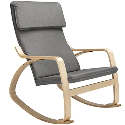 Imagen de BAKAJI Gris Silla Mecedora Sillón Relax de Algodón Respaldo Cojín Ergonómico, Madera, Standard