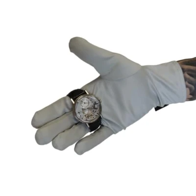 Imagen de KD89 Guantes de microfibra gris Heli para relojería, joyería, manipulación joyas y relojes, coleccionistas, profesionales o aficionados, gris, L