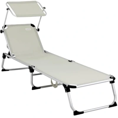 Imagen de CASARIA® Tumbona Playa Plegable Parasol hasta 180kg 210cm Respaldo Regulable Resistente Intemperie Jardín Crema