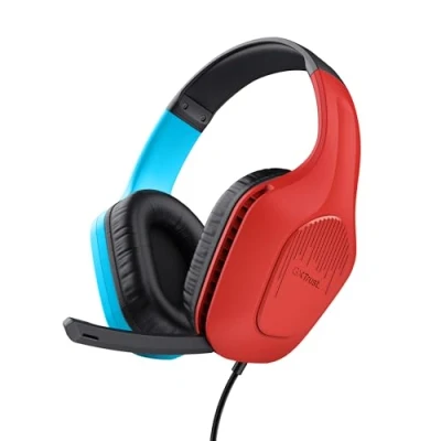 Imagen de Trust Gaming GXT 416S Zirox Cascos Ligeros para Nintendo Switch con Drivers de 50 mm, Conexión 3.5 Micrófono Plegable, Auriculares Cable 1,2 m, Over Ear Azul/Rojo