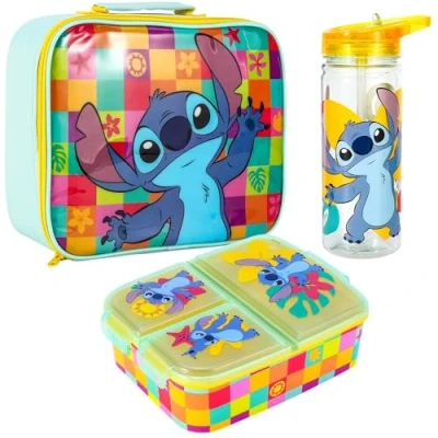 Imagen de Zawadi Global Stitch Kids juego de lonchera para niños, bolsa almuerzo aislada, multicompartimento y botella agua 580 ml, comida el viaje escolar, sin BPA