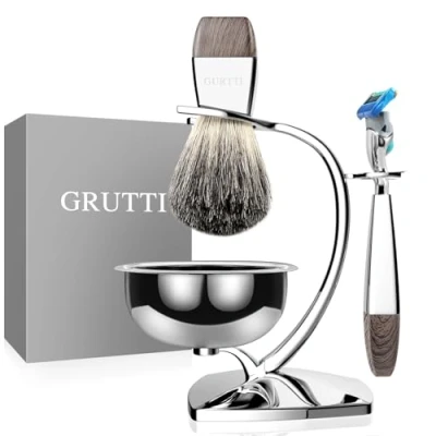 Imagen de Juego de afeitar GRUTTI, maquinilla cromo lujo y soporte para brocha con tazón jabón pelo tejón Navaja seguridad compatible Fusion 5