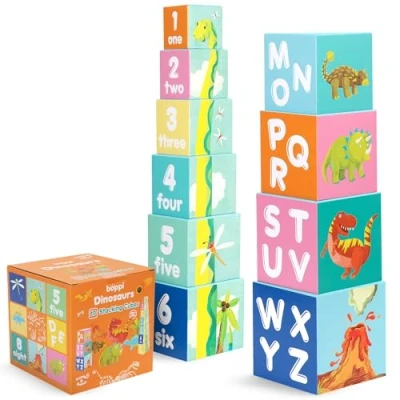 Imagen de boppi Bloques apilables para bebés con Letras y números, Cubos Montessori niños pequeños, Juguetes de Aprendizaje Preescolar Dinosaurios