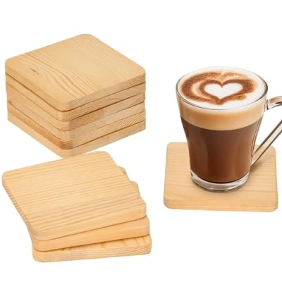 Imagen de Belle Vous Posavasos Madera Cuadrado Sin Acabado (Pack de 12) 9,3 x cm Posa Vasos Mesa en Blanco con Círculos Antideslizantes Azulejos para Pintar, Pirograbado y Letras Scrabble
