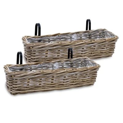 Imagen de Jardinera de ratán natural para balcón, 60 x 20 cm, juego 2 unidades, cesta mimbre con soporte, jardín, jardinera, macetero, flores