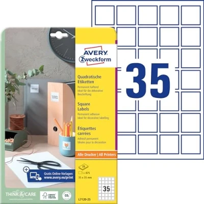 Imagen de Avery España L7120 25 etiquetas adhesivas blancasi deales para crear QR code adhesivo cubriente, cuadrata 35x35mm Caja de 875