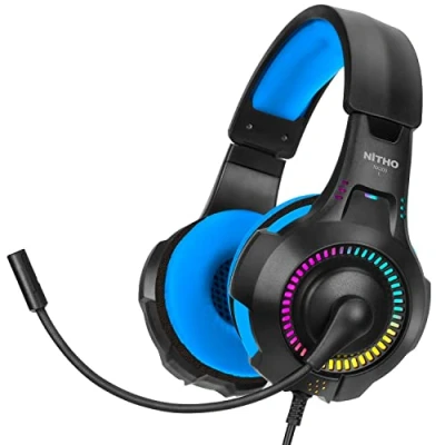 Imagen de NITHO NX200 Auriculares Gaming para PS4/PS5/Xbox Series X/S/Xbox One/PC/Móvil/Tablet, Juegos con Micrófono Cardioide Plegable y Efecto de Luz RGB Azul