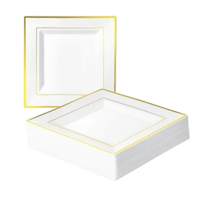 Imagen de MATANA 20 Platos Cuadrados de Plástico Blanco con Borde Dorado, 24cm Elegantes, Resistentes y Reutilizables Bodas, Cumpleaños, Navidad, Barbacoas, Fiestas