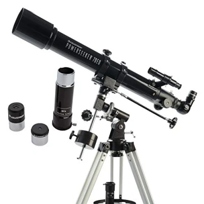 Imagen de Celestron 21037 PowerSeeker 70EQ Telescopio refractor : incluye dos oculares, diagonal de imagen recta, lente Barlow 3 aumentos, trípode ajustable en altura y bandeja accesorios lujo, negro